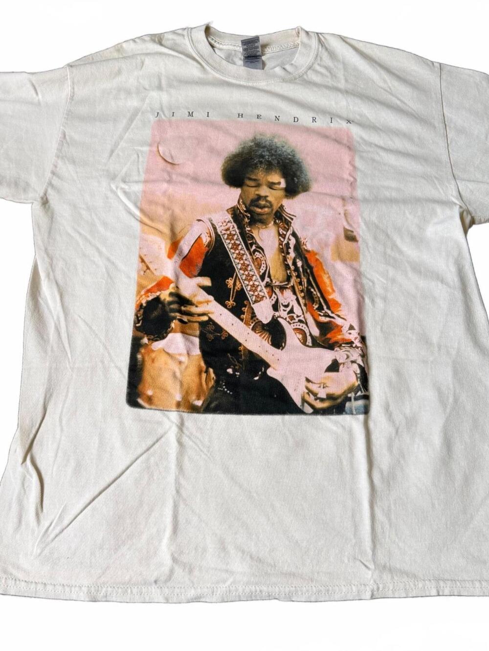 Jimi Hendrix T-Shirt Large Cream Photo Graphic Authentic Hendrix Band Rock Tee